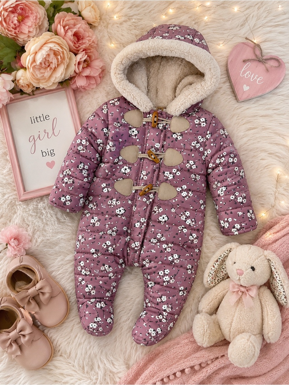 Nicole Miller New York Baby Floral Snowsuit Bunting 0-3M Faux Fur Hood